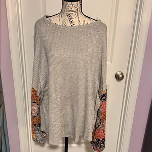 Hummingbird Gray Top with Colorful Patchwork Sleeves